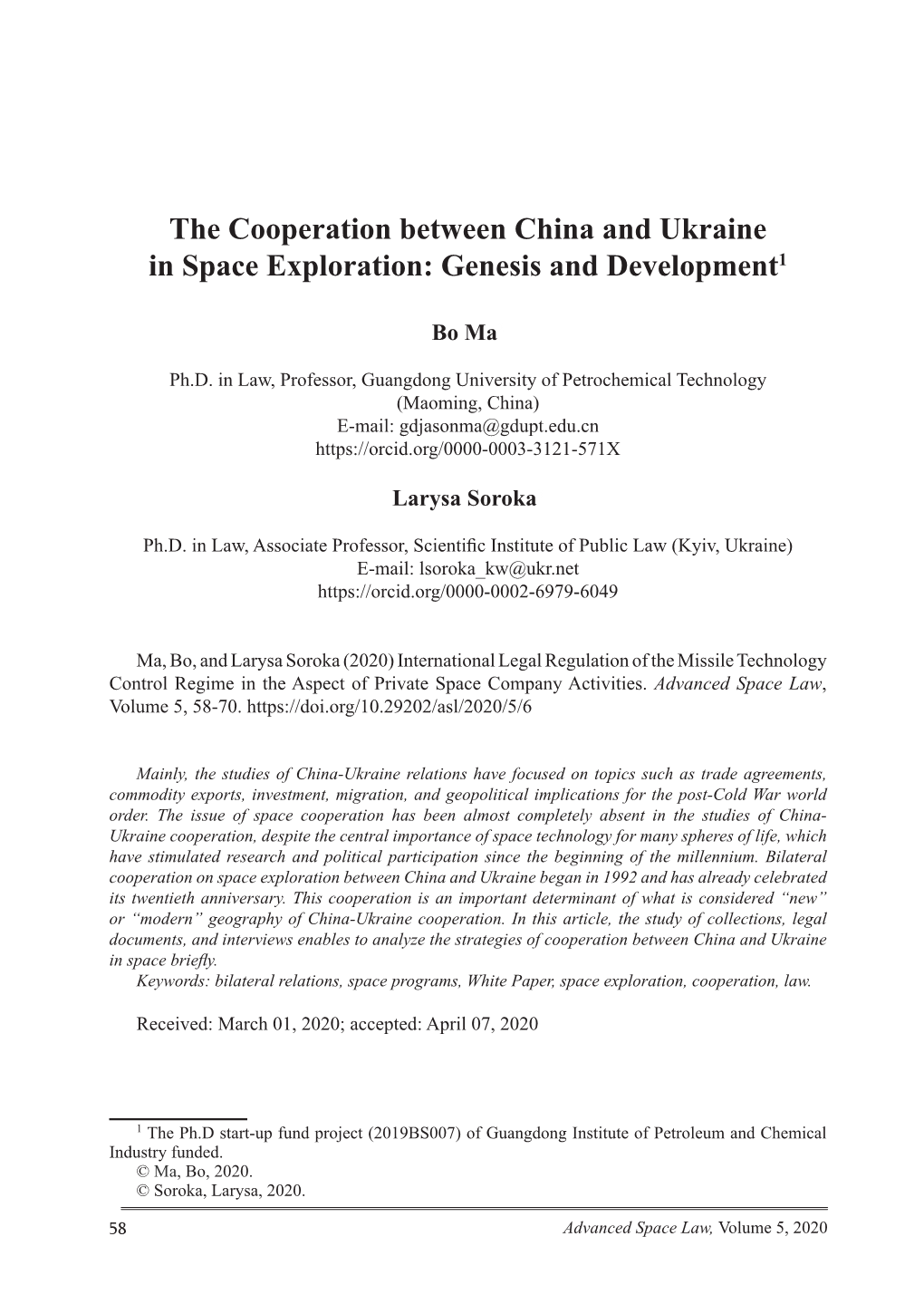 The Cooperation Between China and Ukraine in Space Exploration: Genesis and Development1