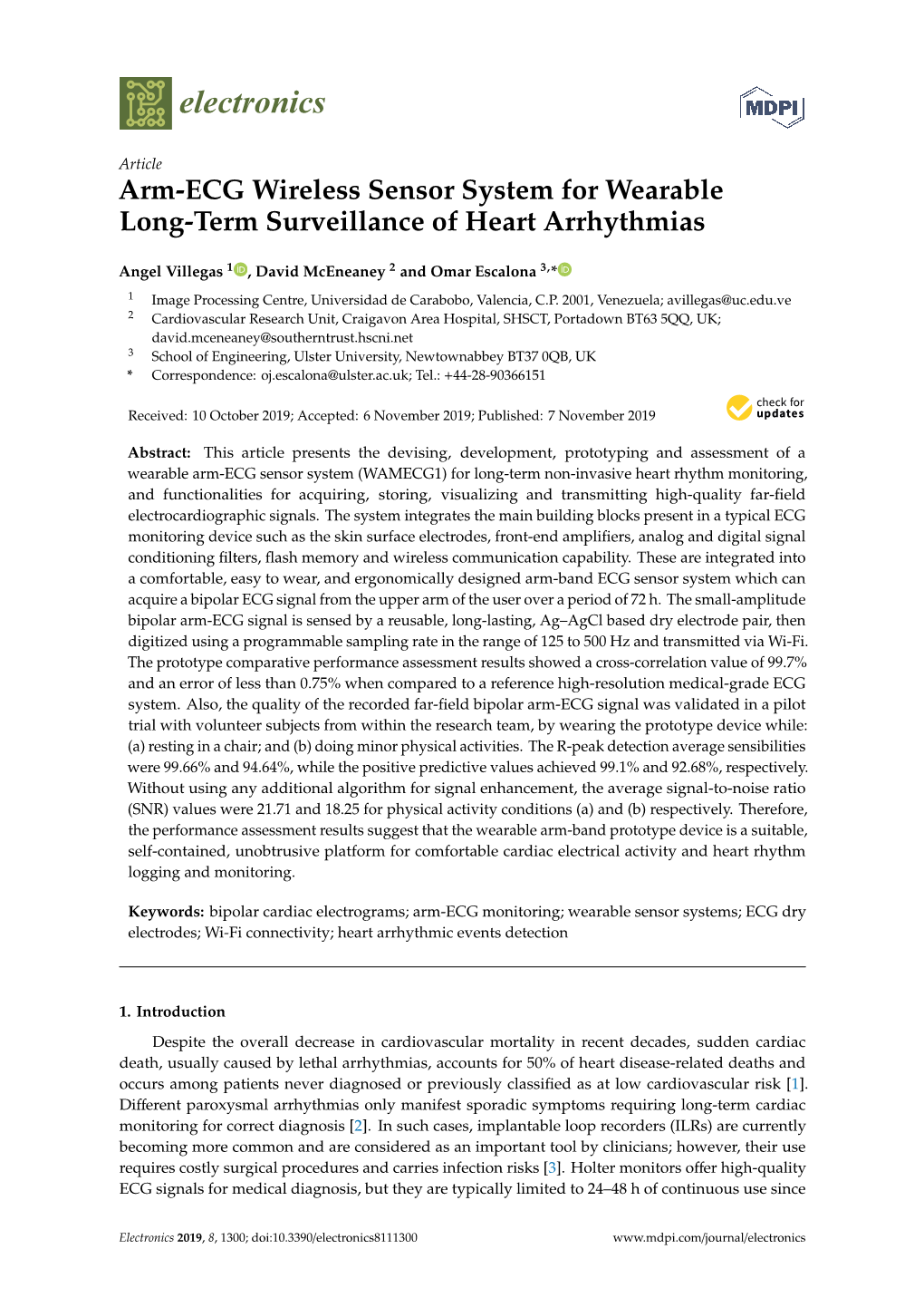 Arm-ECG Wireless Sensor System for Wearable Long-Term Surveillance of Heart Arrhythmias