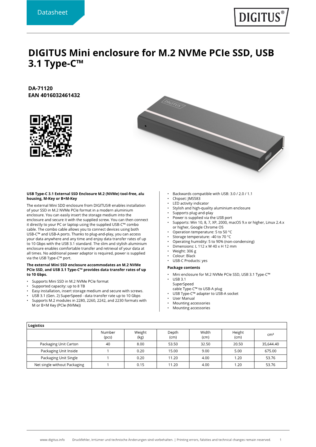 DIGITUS Mini Enclosure for M.2 Nvme Pcie SSD, USB 3.1 Type-C™