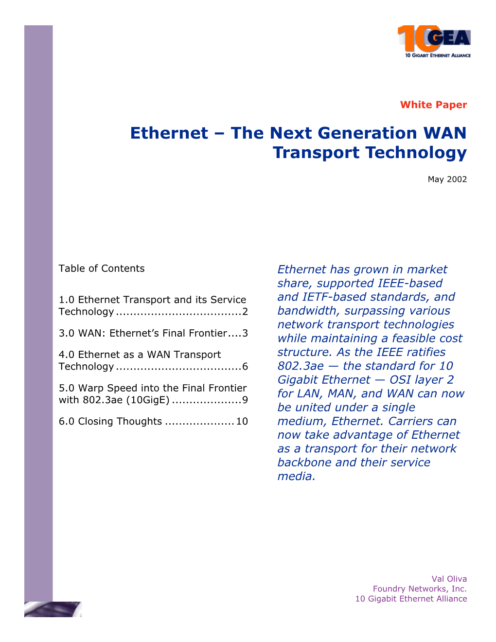 Ethernet – the Next Generation WAN Transport Technology