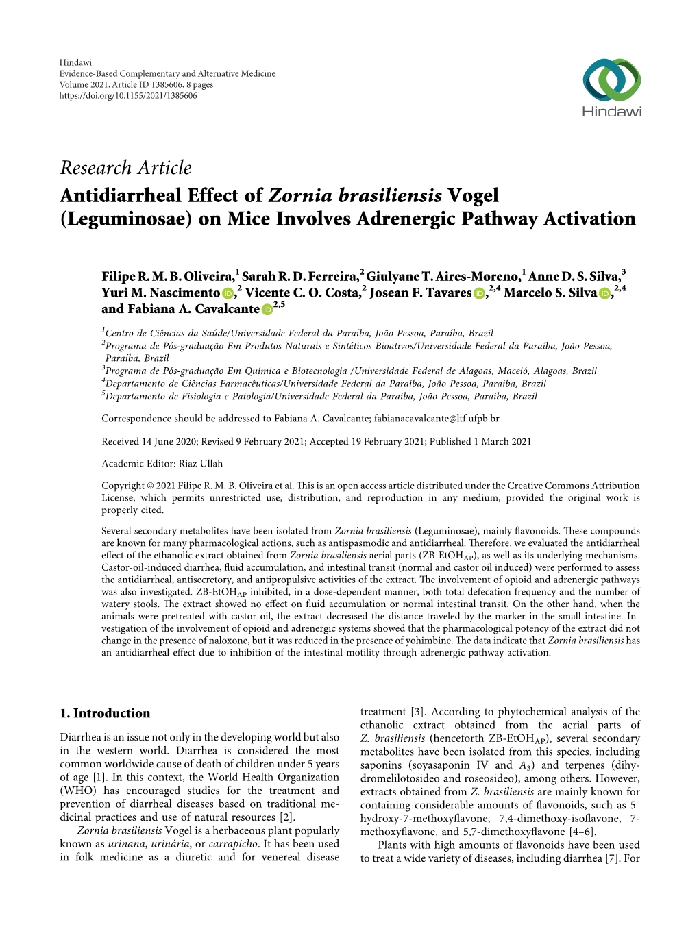 Antidiarrheal Effect of Zornia Brasiliensis Vogel (Leguminosae) on Mice Involves Adrenergic Pathway Activation