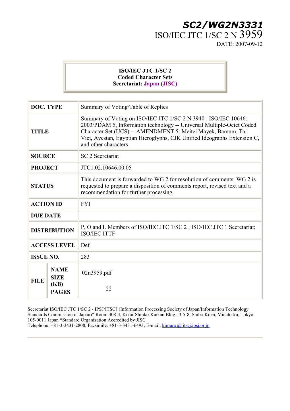 3331 Iso/Iec Jtc 1/Sc 2 N 3959 Date: 2007-09-12