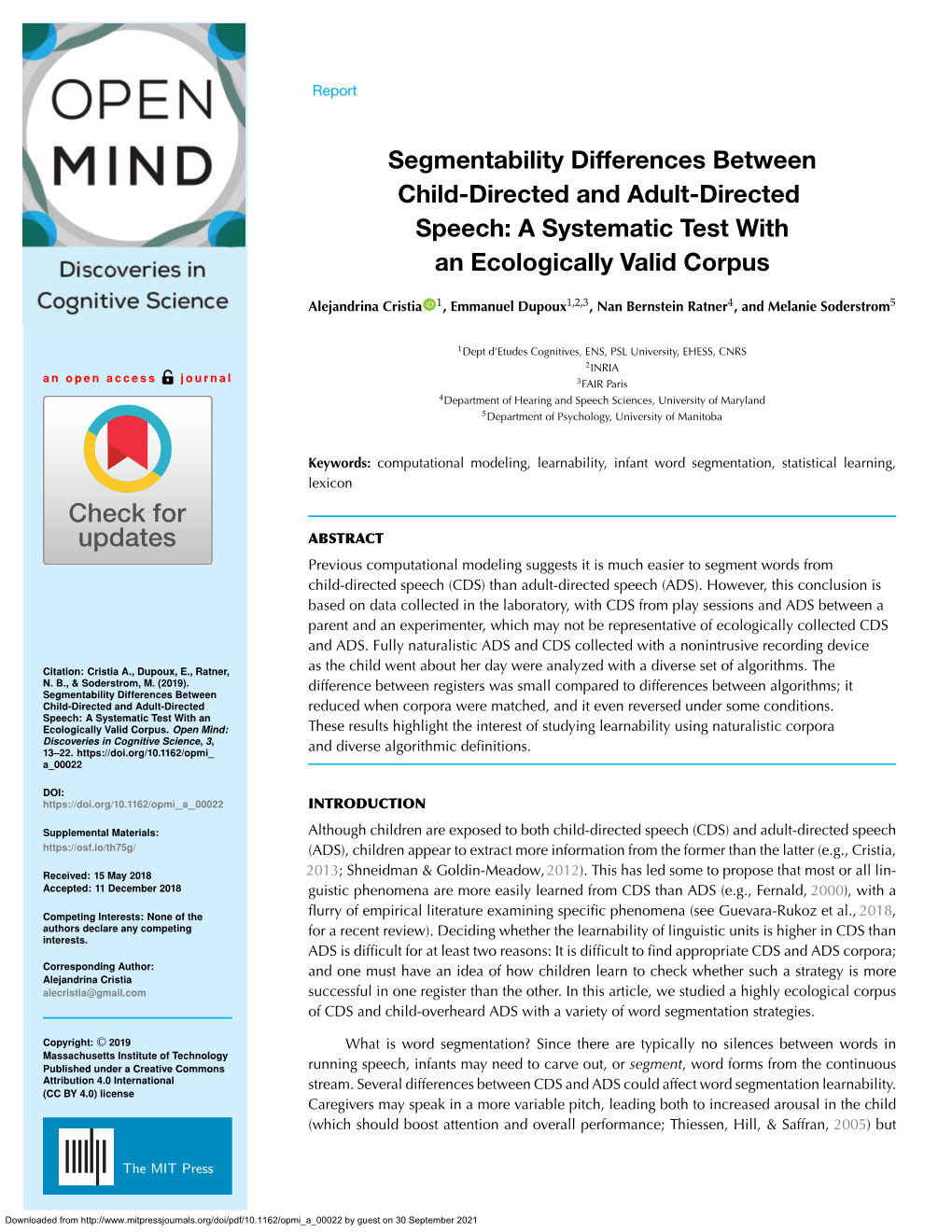 Segmentability Differences Between Child-Directed and Adult-Directed Speech: a Systematic Test with an Ecologically Valid Corpus