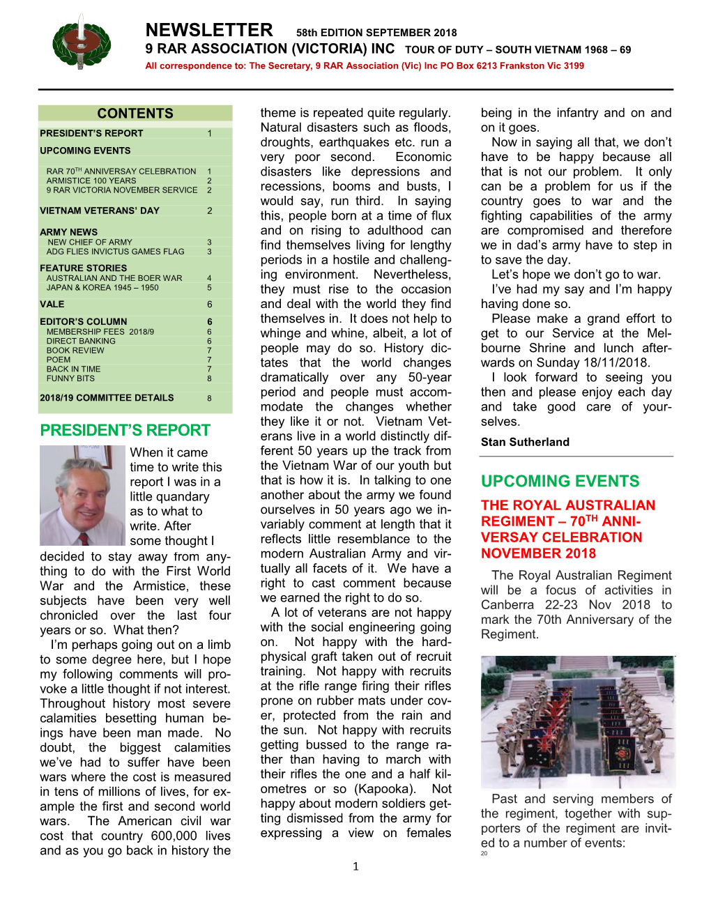 NEWSLETTER 58Th Edition September 2018 9 RAR ASSOCIATION (VIC) INC