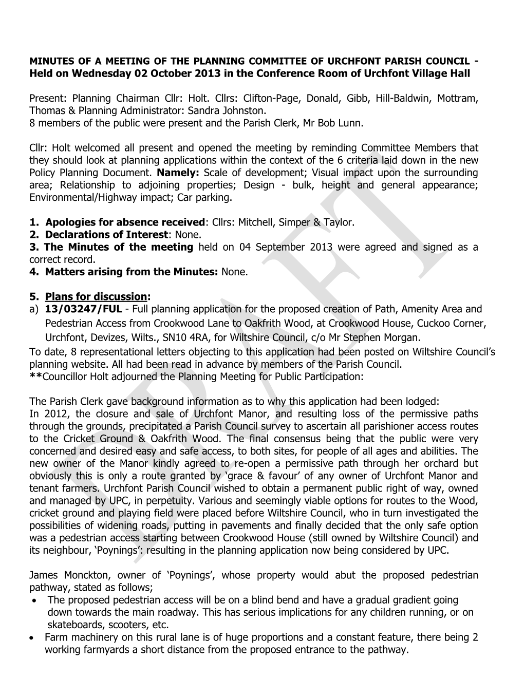 MINUTES of a MEETING of the PLANNING COMMITTEE of URCHFONT PARISH COUNCIL - Held on Wednesday 02 October 2013 in the Conference Room of Urchfont Village Hall