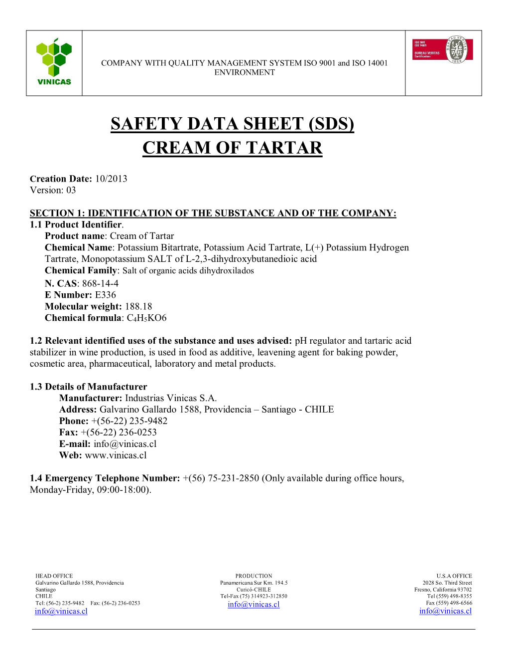 Safety Data Sheet (Sds) Cream of Tartar