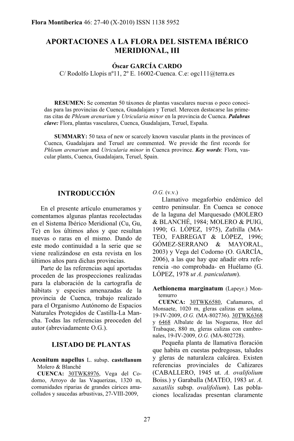 Flora Montiberica 46: 27-40 (X-2010) ISSN 1138 5952