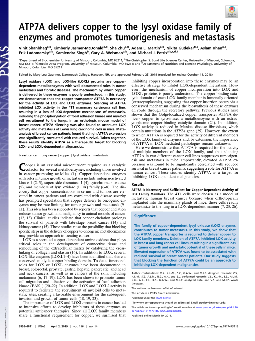 ATP7A Delivers Copper to the Lysyl Oxidase Family of Enzymes and Promotes Tumorigenesis and Metastasis