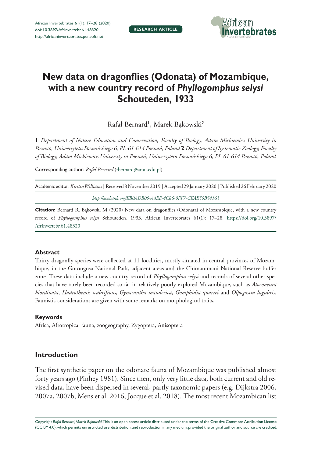 New Data on Dragonflies (Odonata) of Mozambique, with a New Country Record of Phyllogomphus Selysi Schouteden, 1933