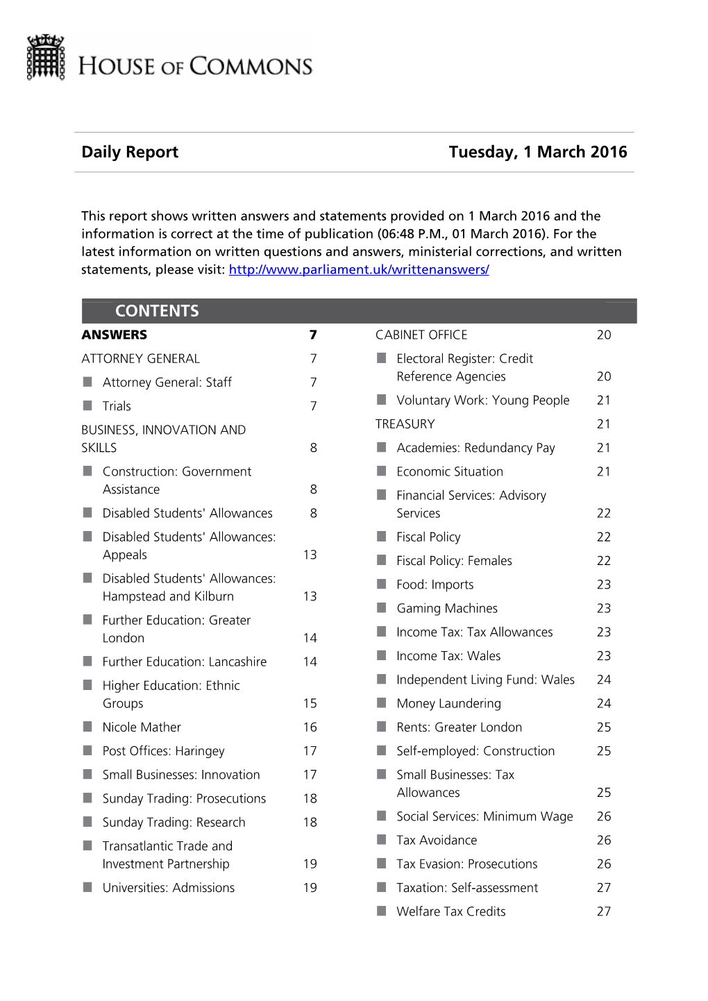 Daily Report Tuesday, 1 March 2016 CONTENTS