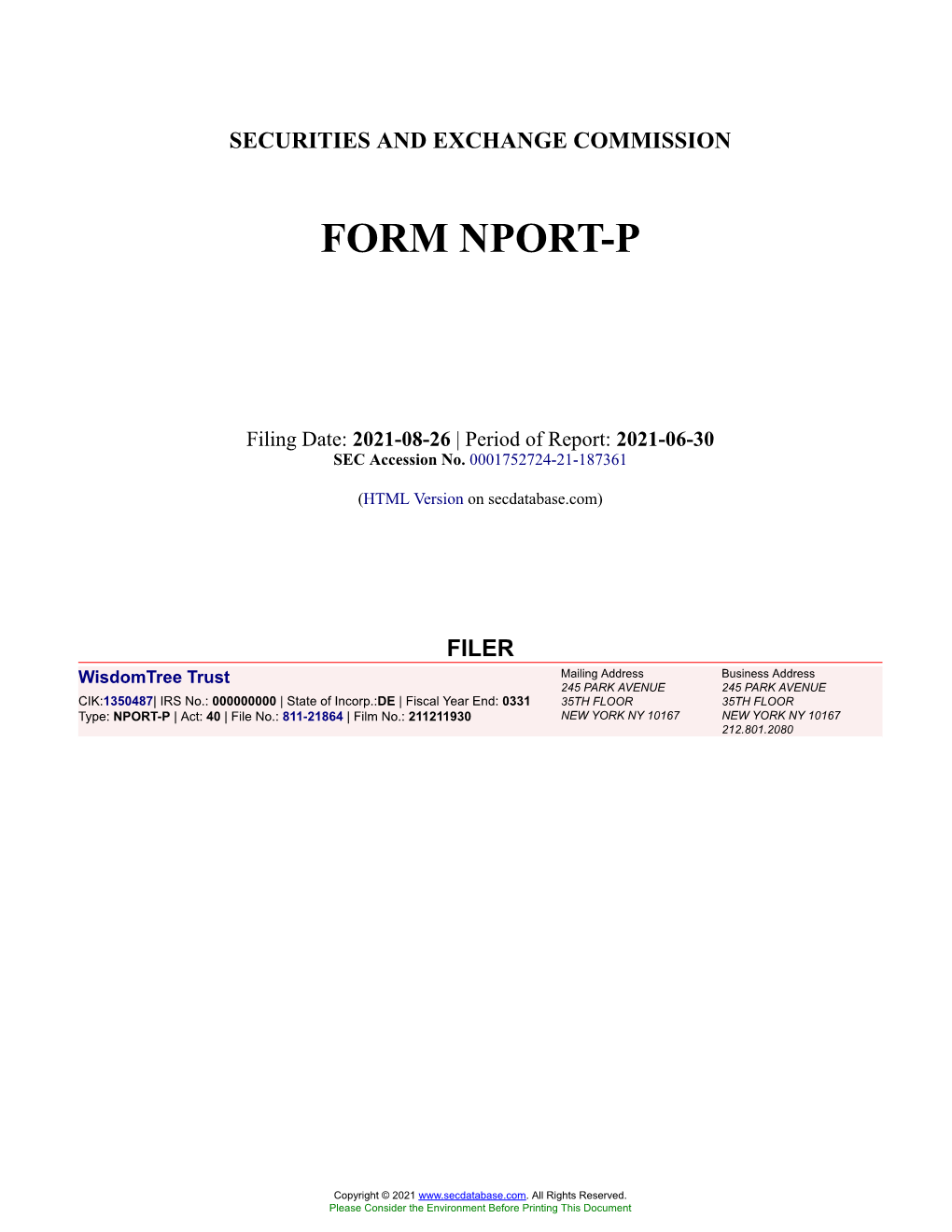Wisdomtree Trust Form NPORT-P Filed 2021-08-26
