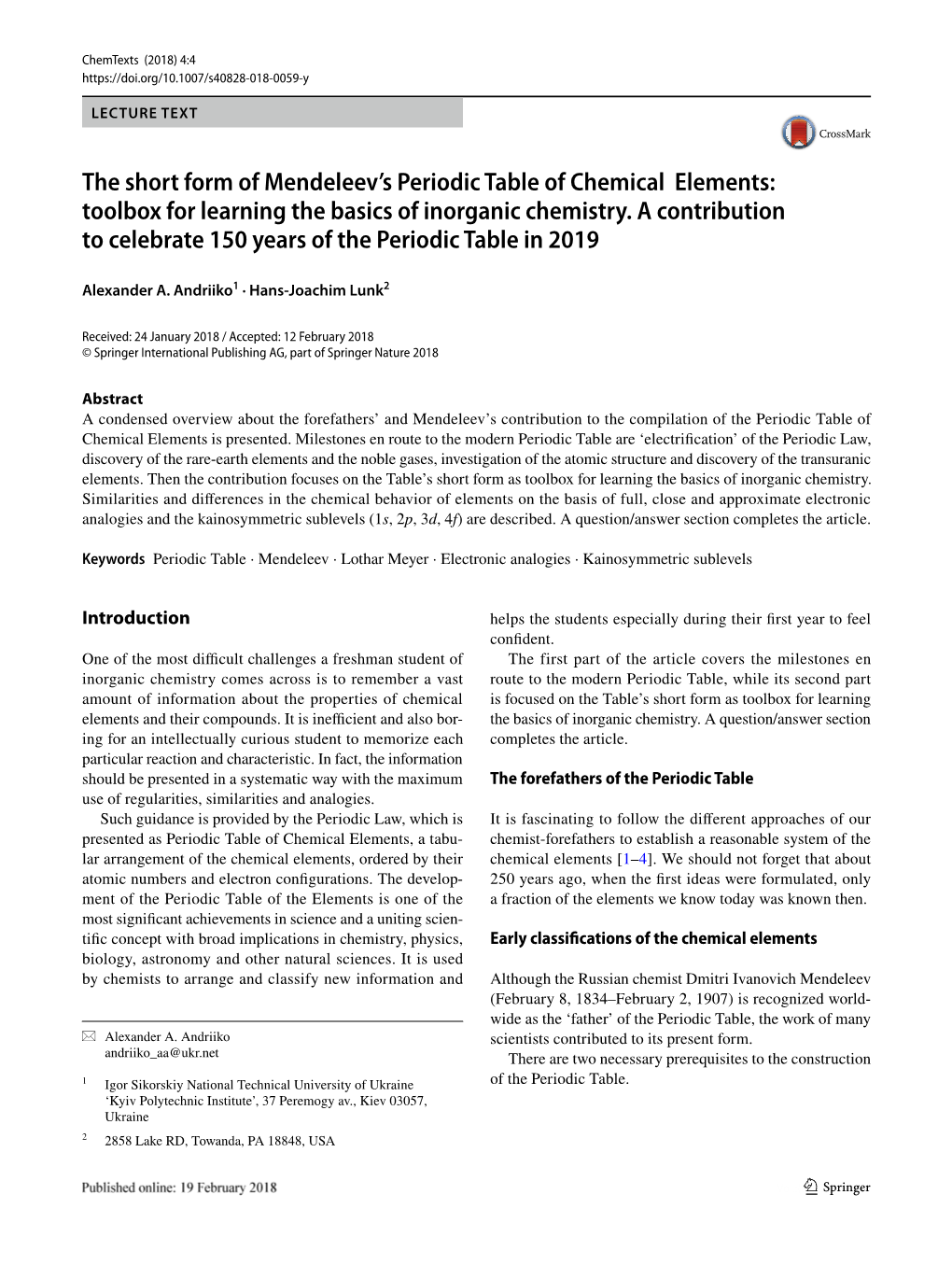 The Short Form of Mendeleev's Periodic Table of Chemical Elements