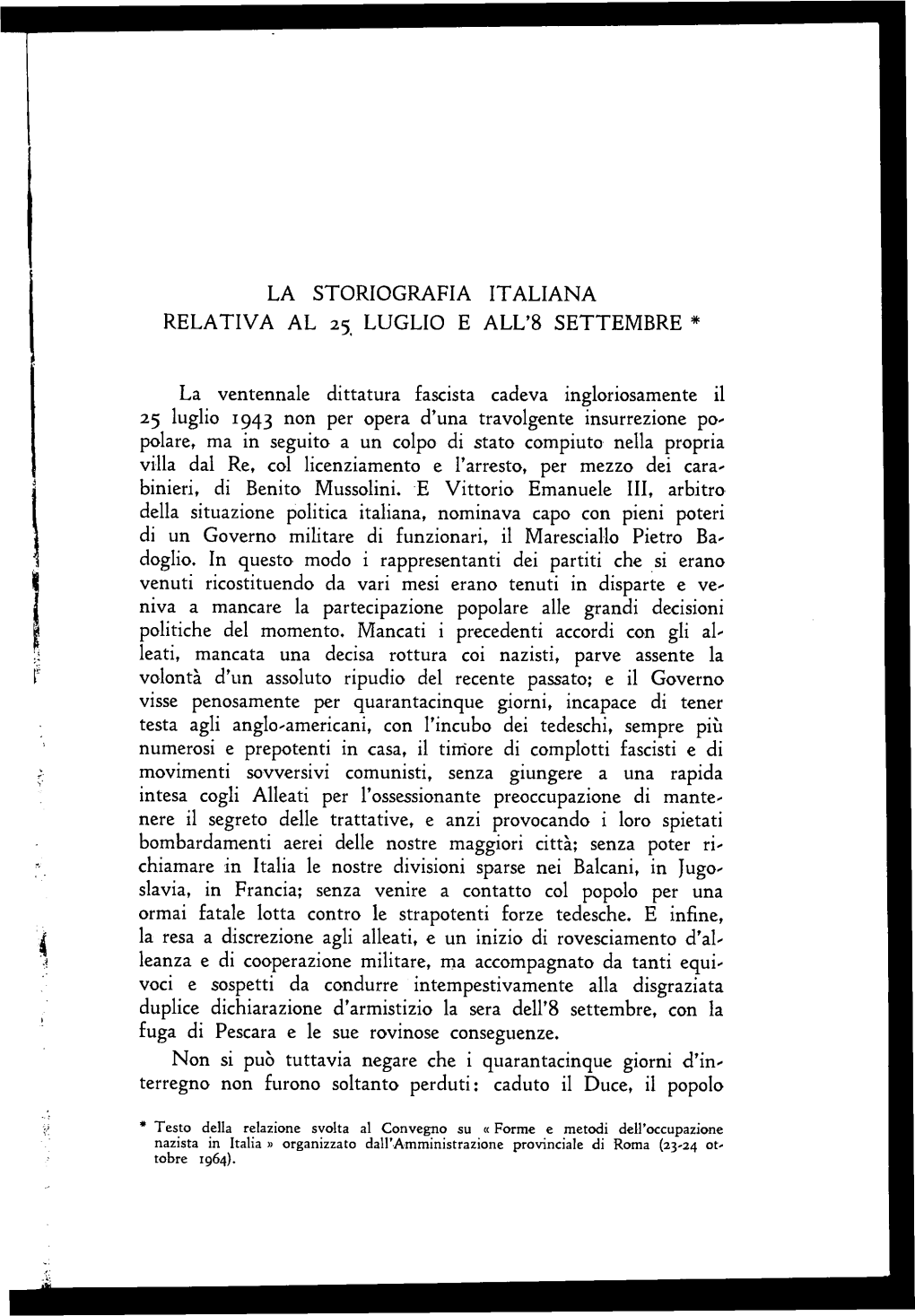 La Storiografia Italiana Relativa Al 25 Luglio E All'8