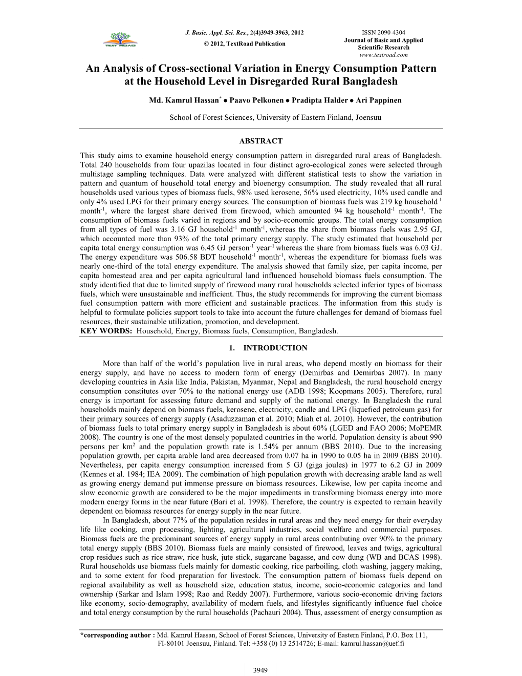 An Analysis of Cross-Sectional Variation in Energy Consumption Pattern at the Household Level in Disregarded Rural Bangladesh