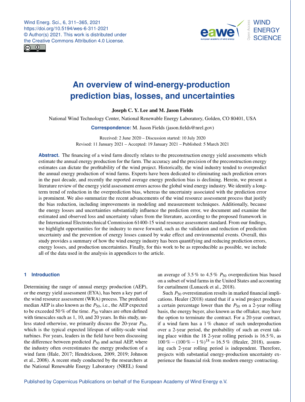 An Overview of Wind-Energy-Production Prediction Bias, Losses, and Uncertainties