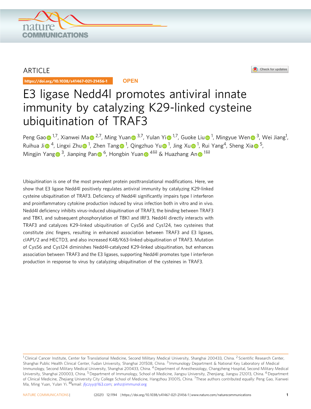 E3 Ligase Nedd4l Promotes Antiviral Innate Immunity by Catalyzing K29-Linked Cysteine Ubiquitination of TRAF3