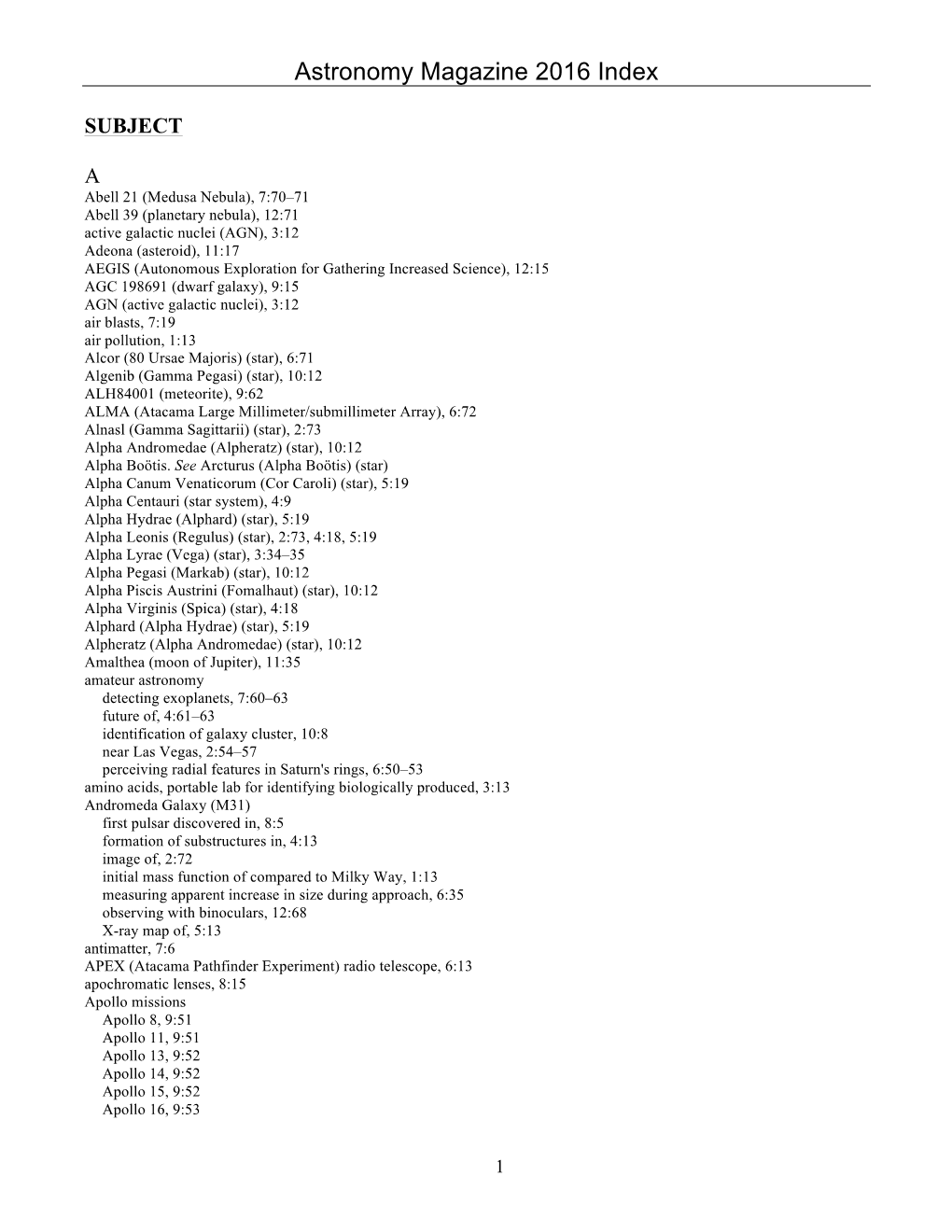 Astronomy Magazine 2016 Index