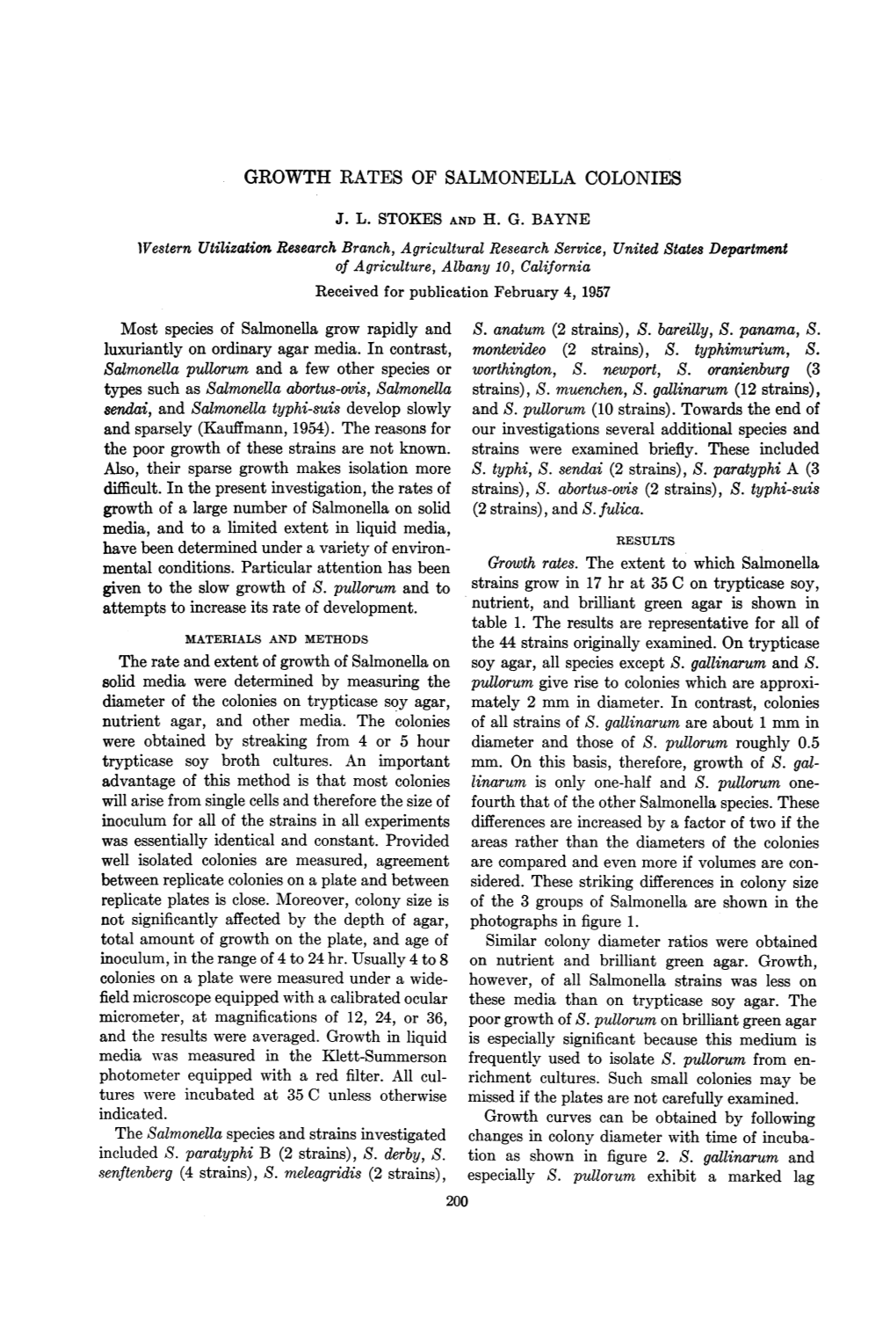 GROWTH RATES of SALMONELLA COLONIES Solid Media Were Determined by Measuring the Sen*Ftenberg (4 Strains), S. Meleagridis (2