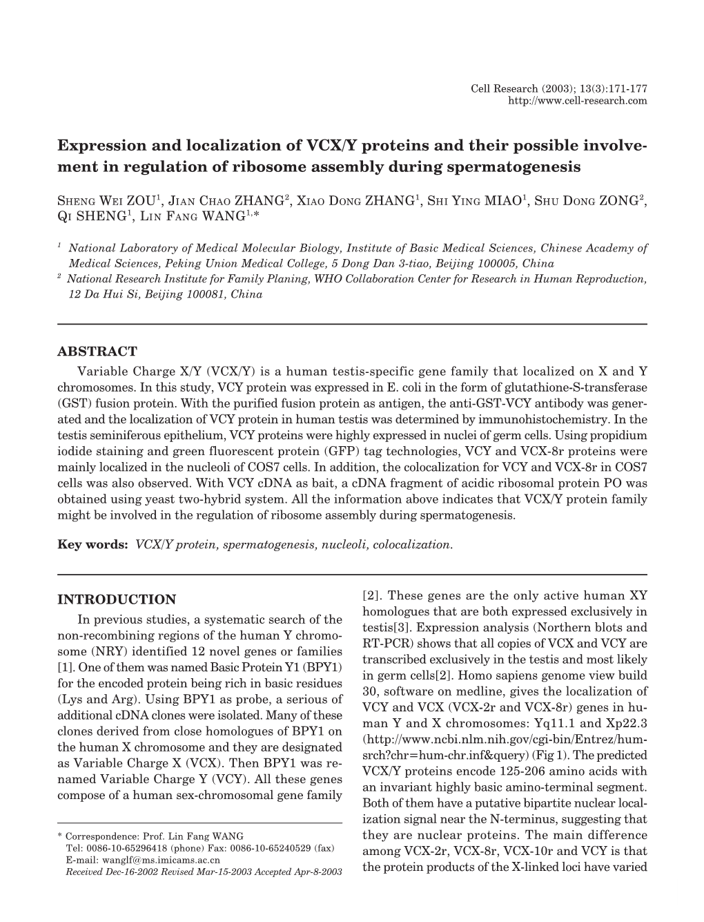 Expression and Localization of VCX/Y Proteins and Their Possible Involve- Ment in Regulation of Ribosome Assembly During Spermatogenesis