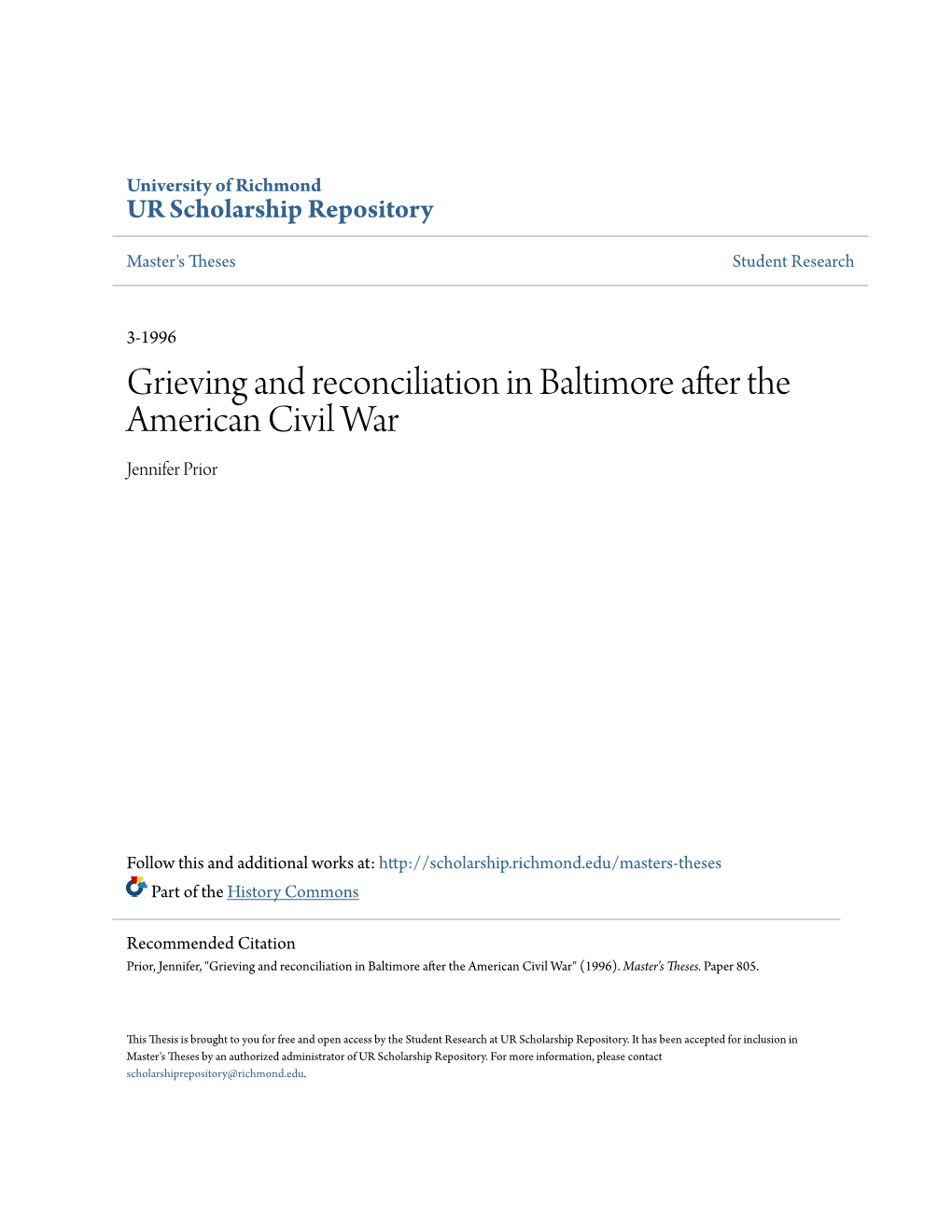 Grieving and Reconciliation in Baltimore After the American Civil War Jennifer Prior