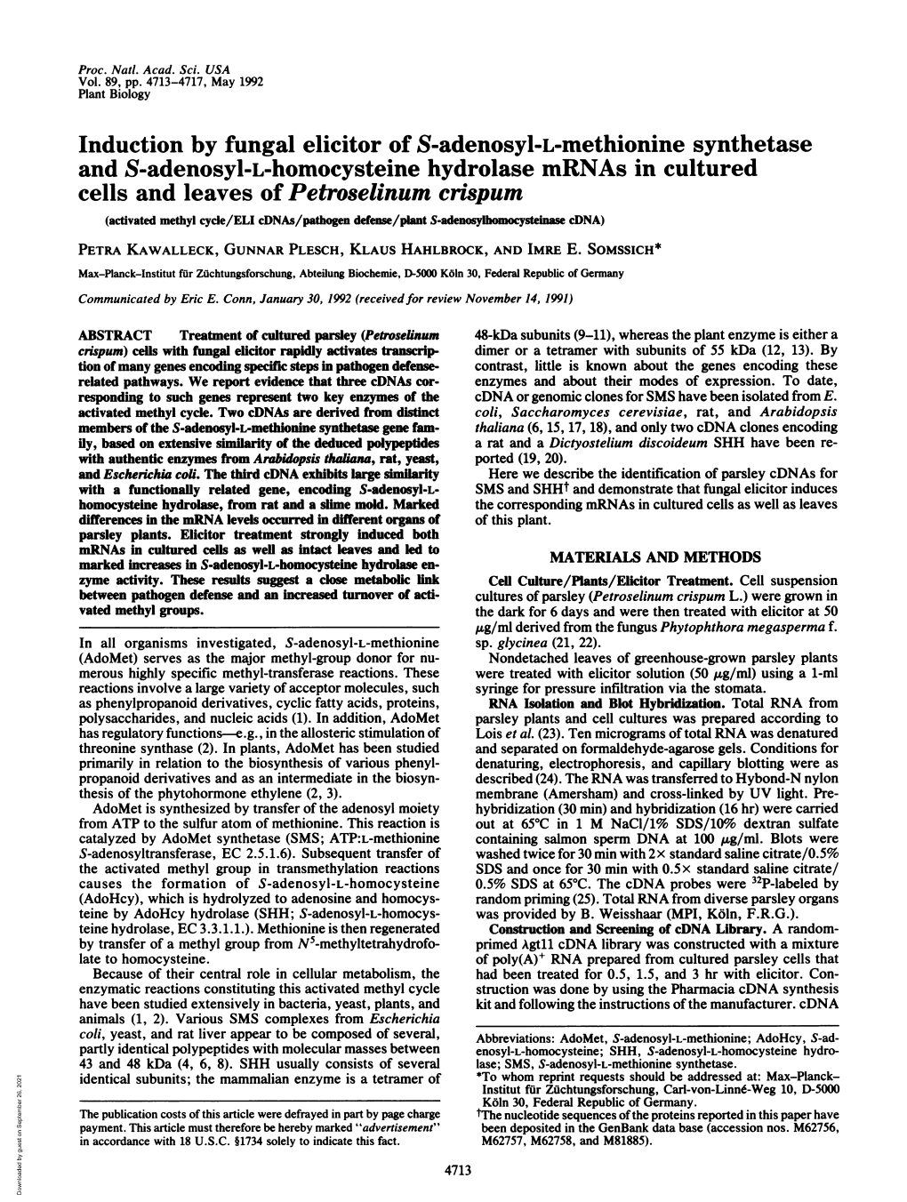 Induction by Fungal Elicitor of S-Adenosyl-L-Methionine