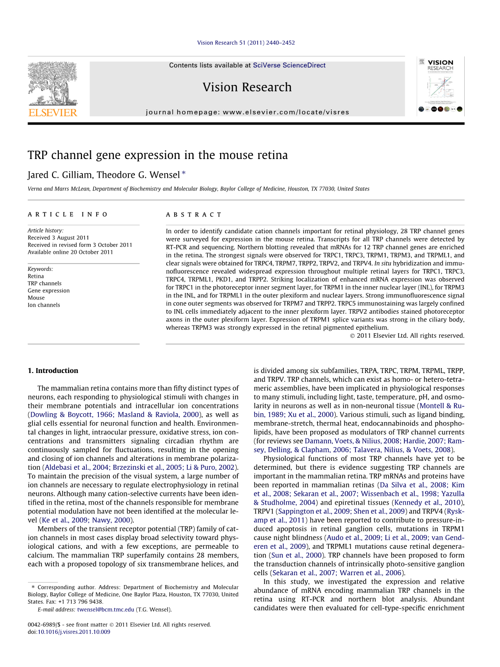 TRP Channel Gene Expression in the Mouse Retina ⇑ Jared C