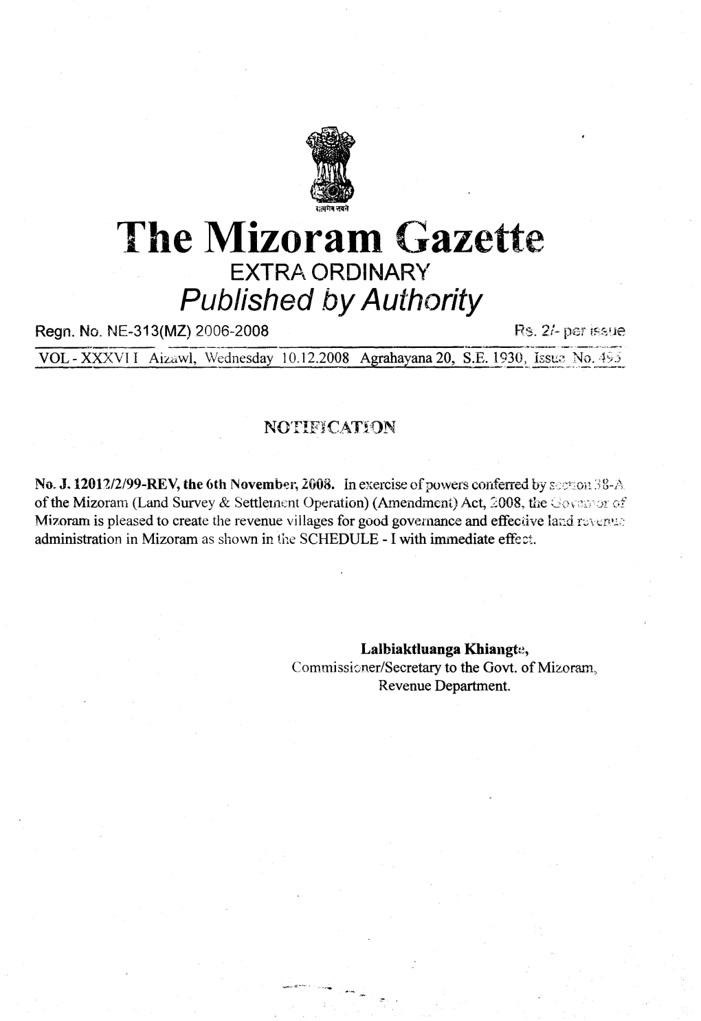 The Mizoram Gazette EXTRP\ ORDINAR'( Published Byauthority Regn