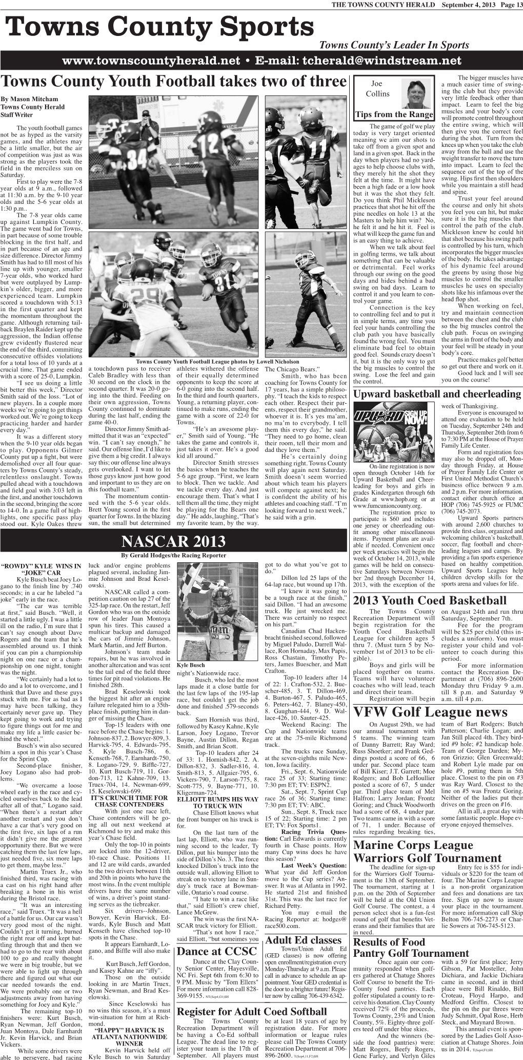 Towns County Sports Towns County’S Leader in Sports • E-Mail: Tcherald@Windstream.Net