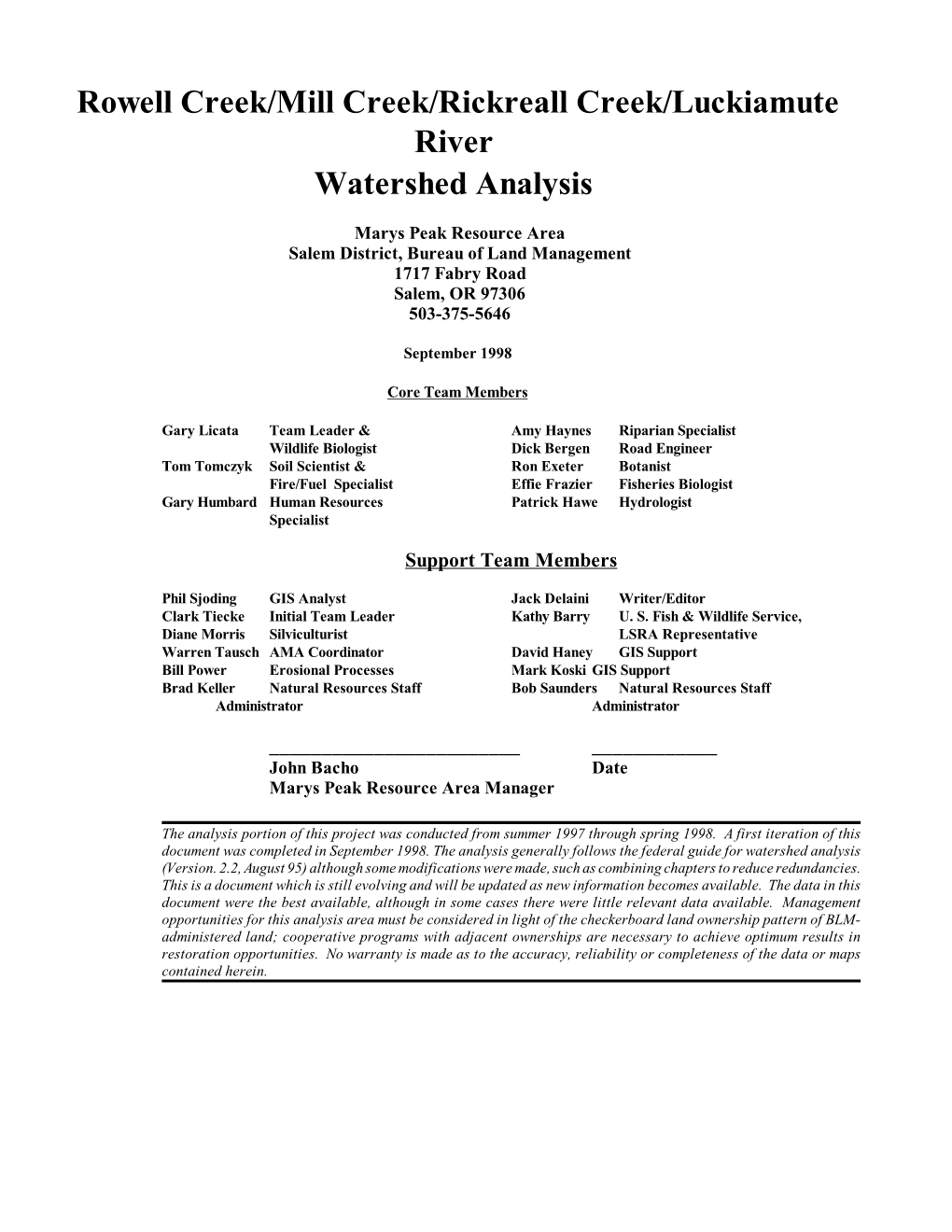 Rowell Creek/Mill Creek/Rickreall Creek/Luckiamute River Watershed Analysis