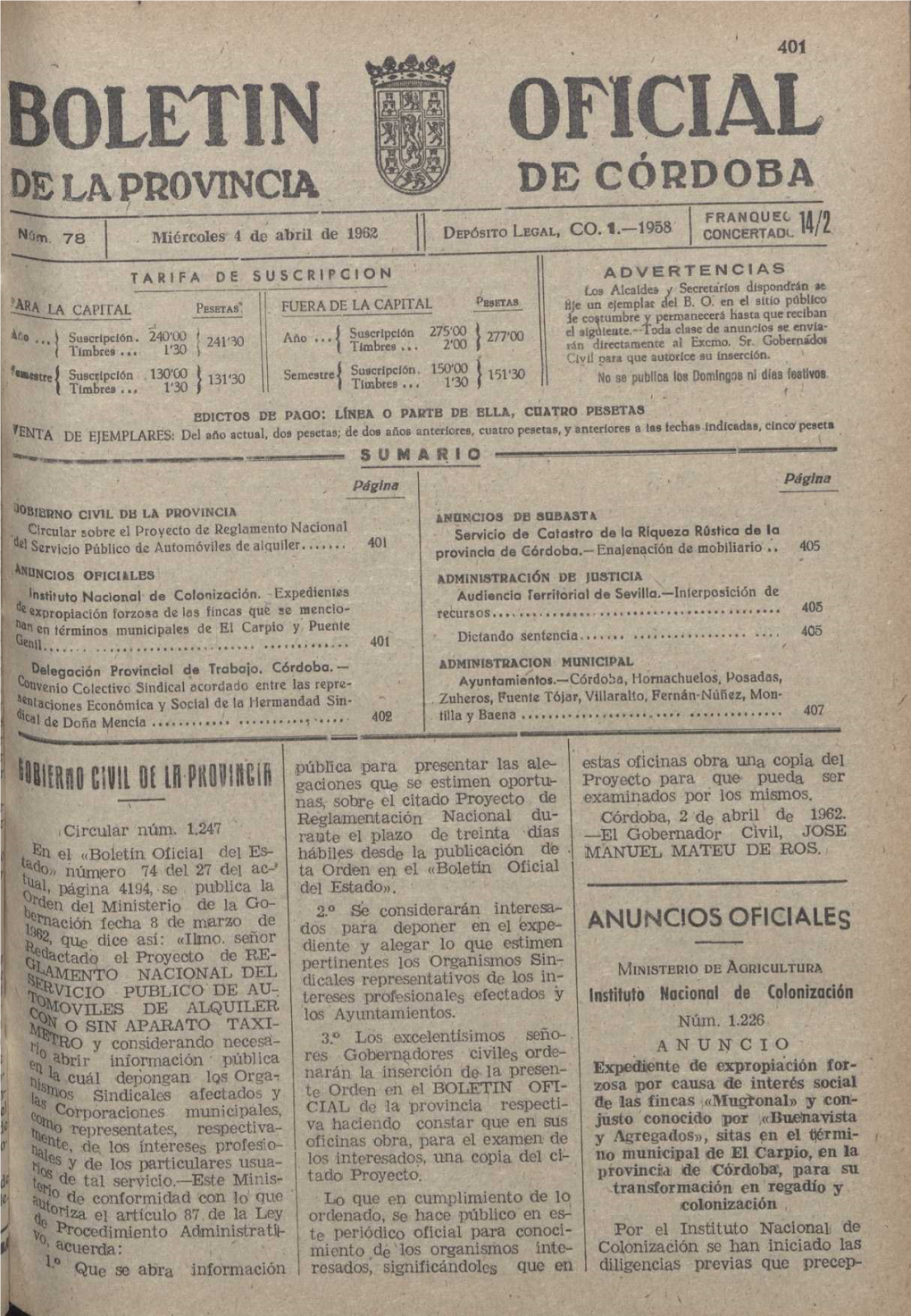 OFICIAL DEJÀ Preovincia DE CÓRDOBA 1.-1958 FRANQUEC 111/9 Nt'srn