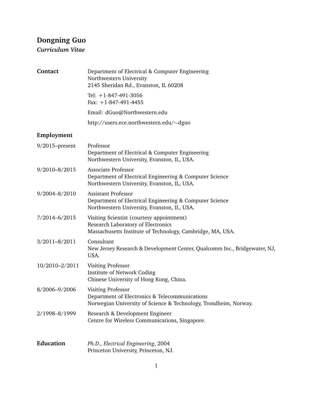 Dongning Guo Curriculum Vitae