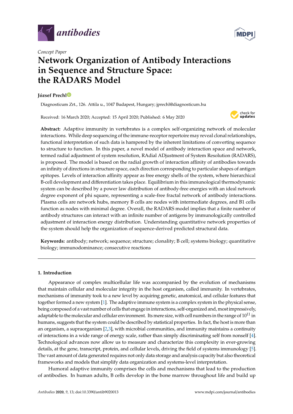 Network Organization of Antibody Interactions in Sequence and Structure Space: the RADARS Model