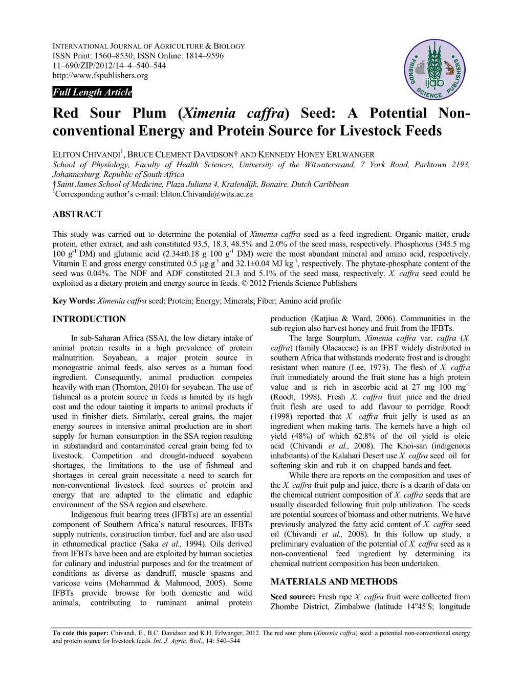 Ximenia Caffra) Seed: a Potential Non- Conventional Energy and Protein Source for Livestock Feeds