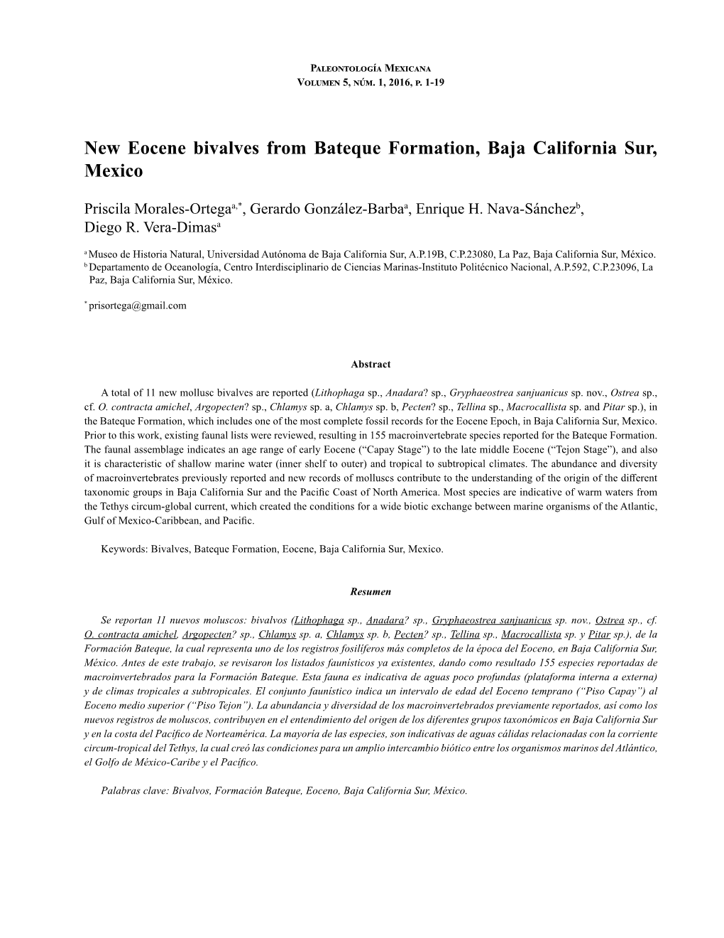 New Eocene Bivalves from Bateque Formation, Baja California Sur, Mexico