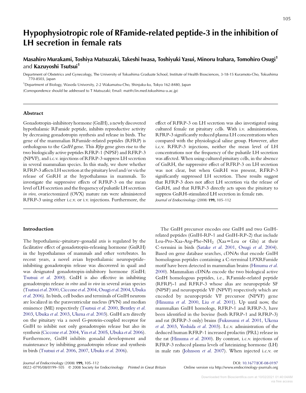 Hypophysiotropic Role of Rfamide-Related Peptide-3 in the Inhibition of LH Secretion in Female Rats