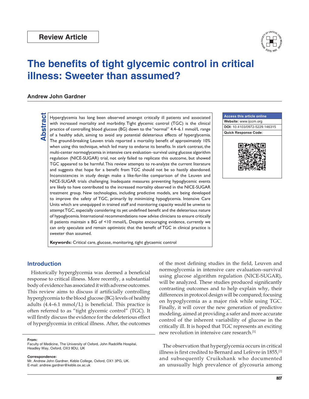 The Benefits of Tight Glycemic Control in Critical Illness