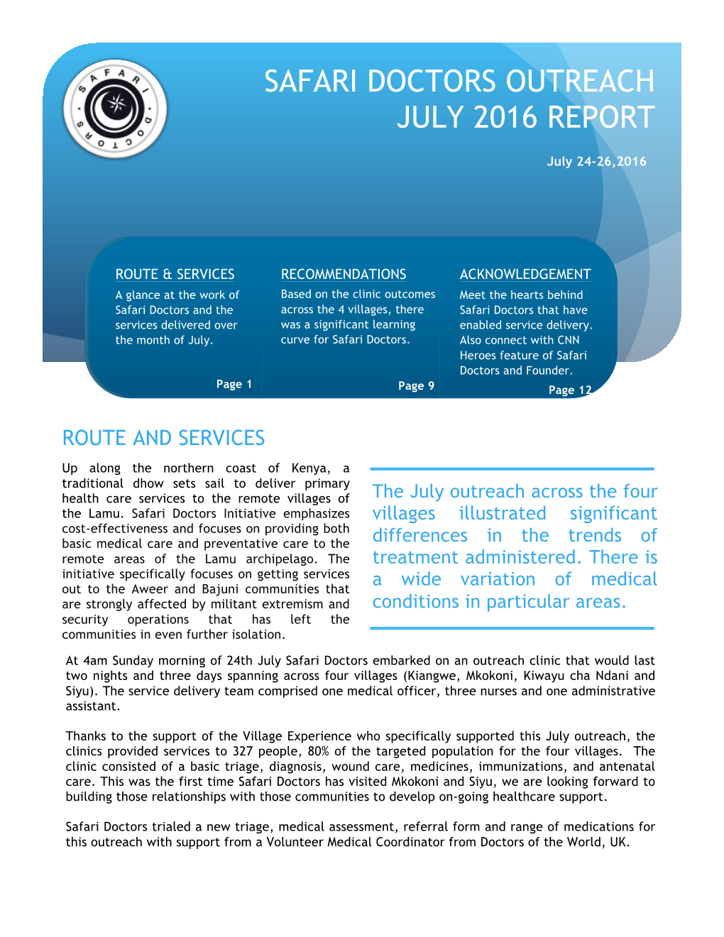 Safari Doctors Outreach July 2016 Report