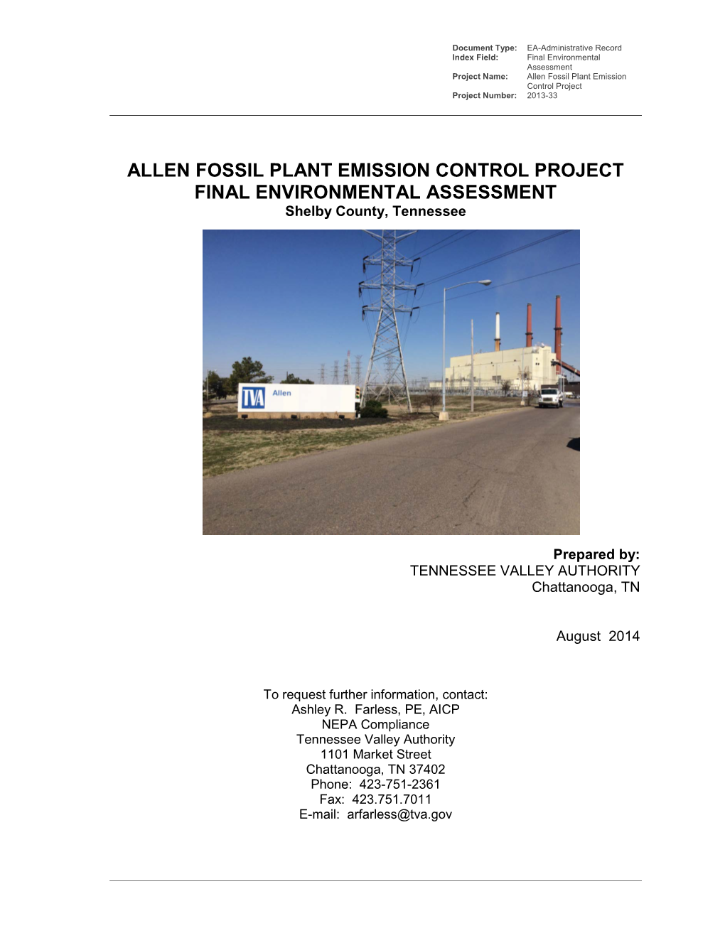 ALLEN FOSSIL PLANT EMISSION CONTROL PROJECT FINAL ENVIRONMENTAL ASSESSMENT Shelby County, Tennessee