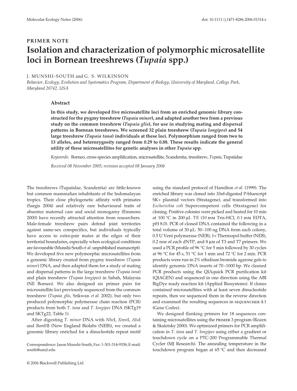 Isolation and Characterization of Polymorphic Microsatellite Loci in Bornean Treeshrews (Tupaia Spp.)