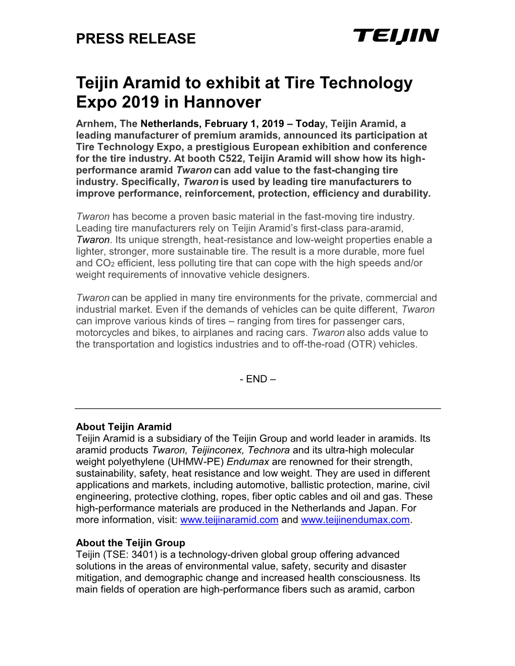 Teijin Aramid to Exhibit at Tire Technology Expo 2019 in Hannover