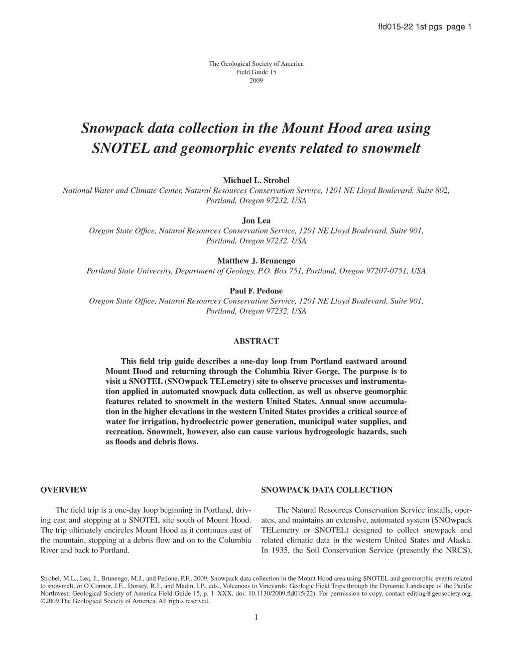 Snowpack Data Collection in the Mount Hood Area Using SNOTEL and Geomorphic Events Related to Snowmelt