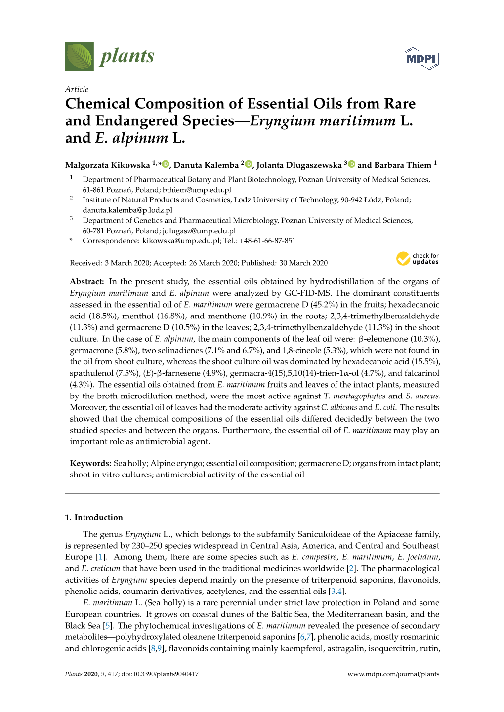 Chemical Composition of Essential Oils from Rare and Endangered Species—Eryngium Maritimum L