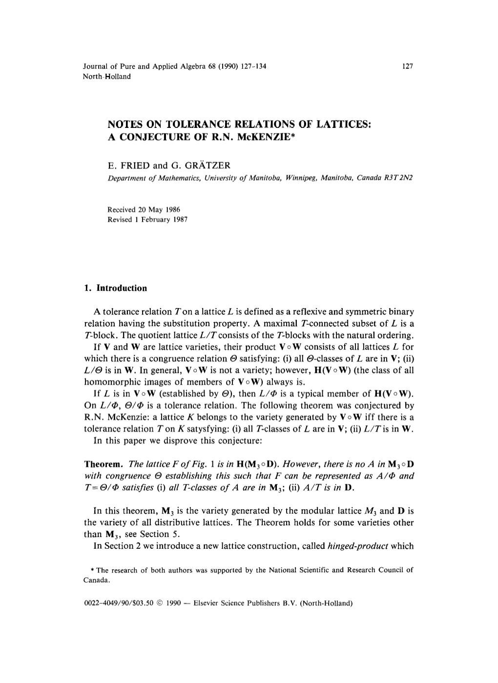 Notes on Tolerance Relations of Lattices: a Conjecture of R.N