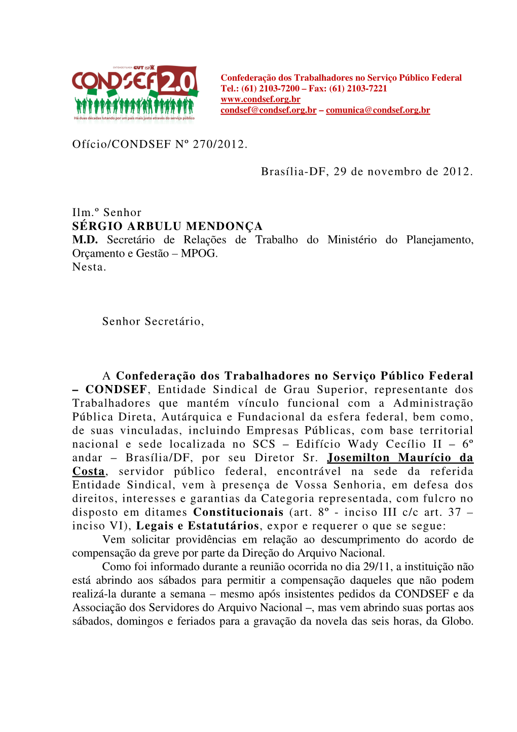 Ofício/CONDSEF Nº 270/2012. Brasília-DF, 29 De Novembro De