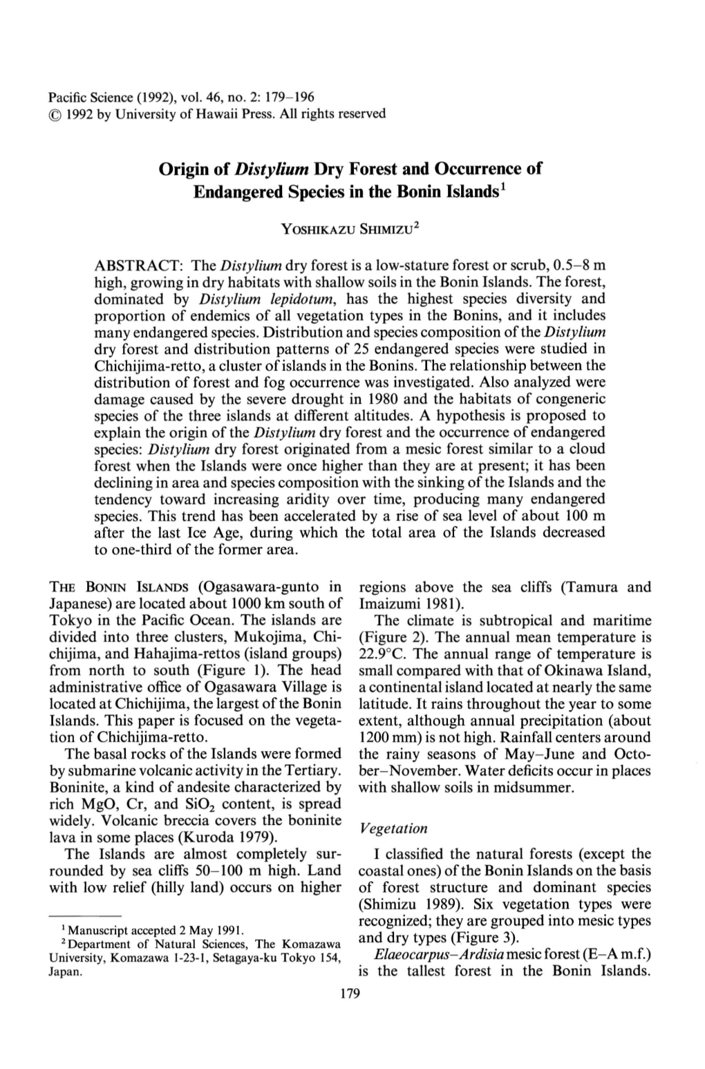 Origin of Distylium Dry Forest and Occurrence of Endangered Species in the Bonin Islands1