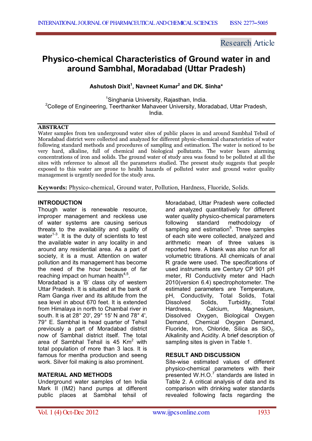 Research Article Physico-Chemical Characteristics of Ground Water in and Around Sambhal, Moradabad (Uttar Pradesh)