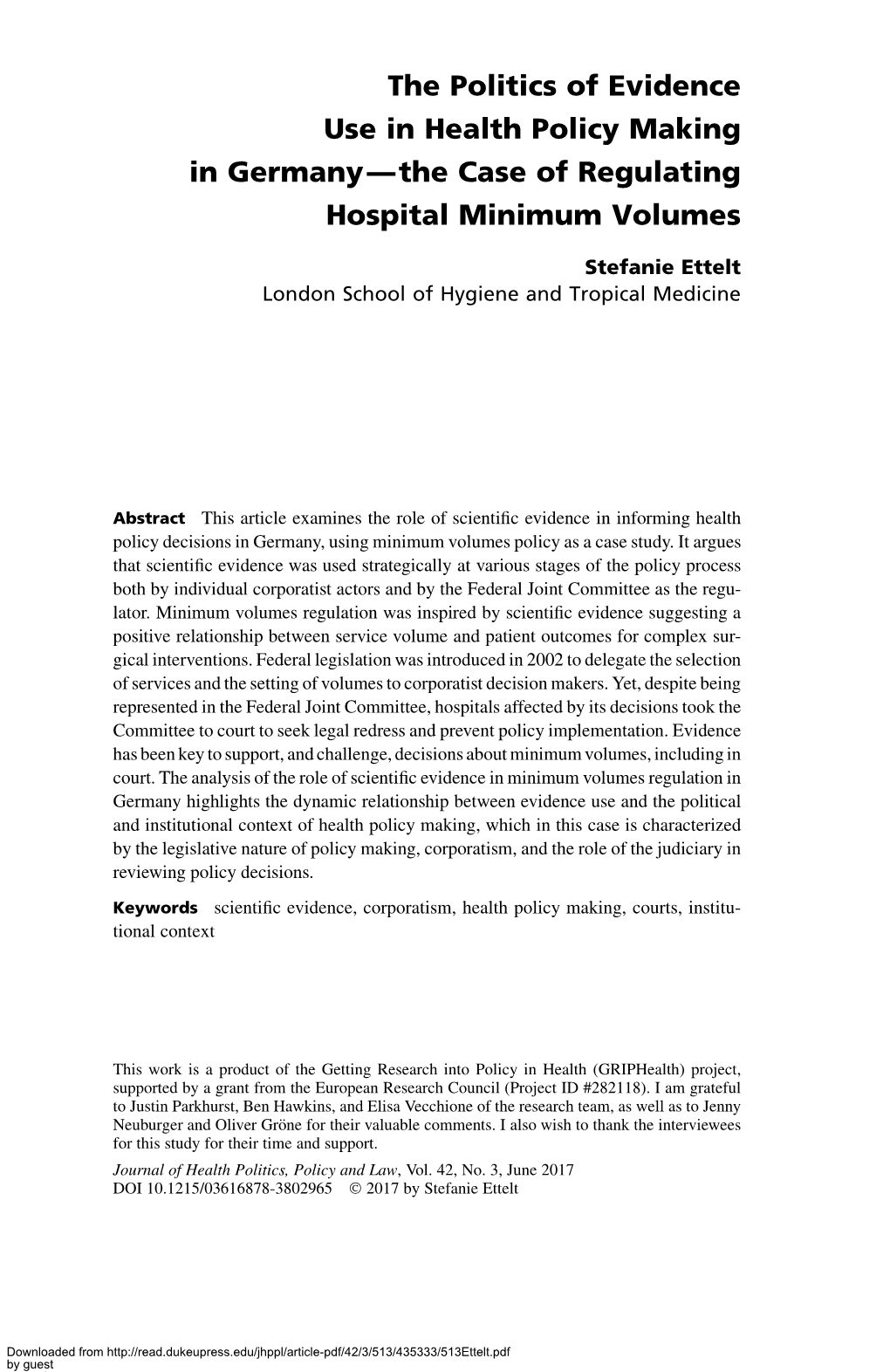 The Politics of Evidence Use in Health Policy Making in Germany—The Case of Regulating Hospital Minimum Volumes