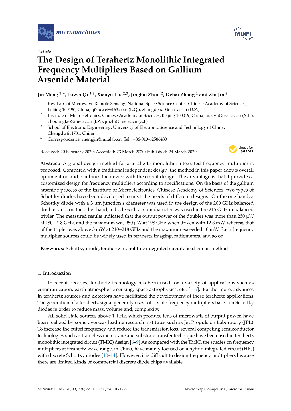 The Design of Terahertz Monolithic Integrated Frequency Multipliers Based on Gallium Arsenide Material