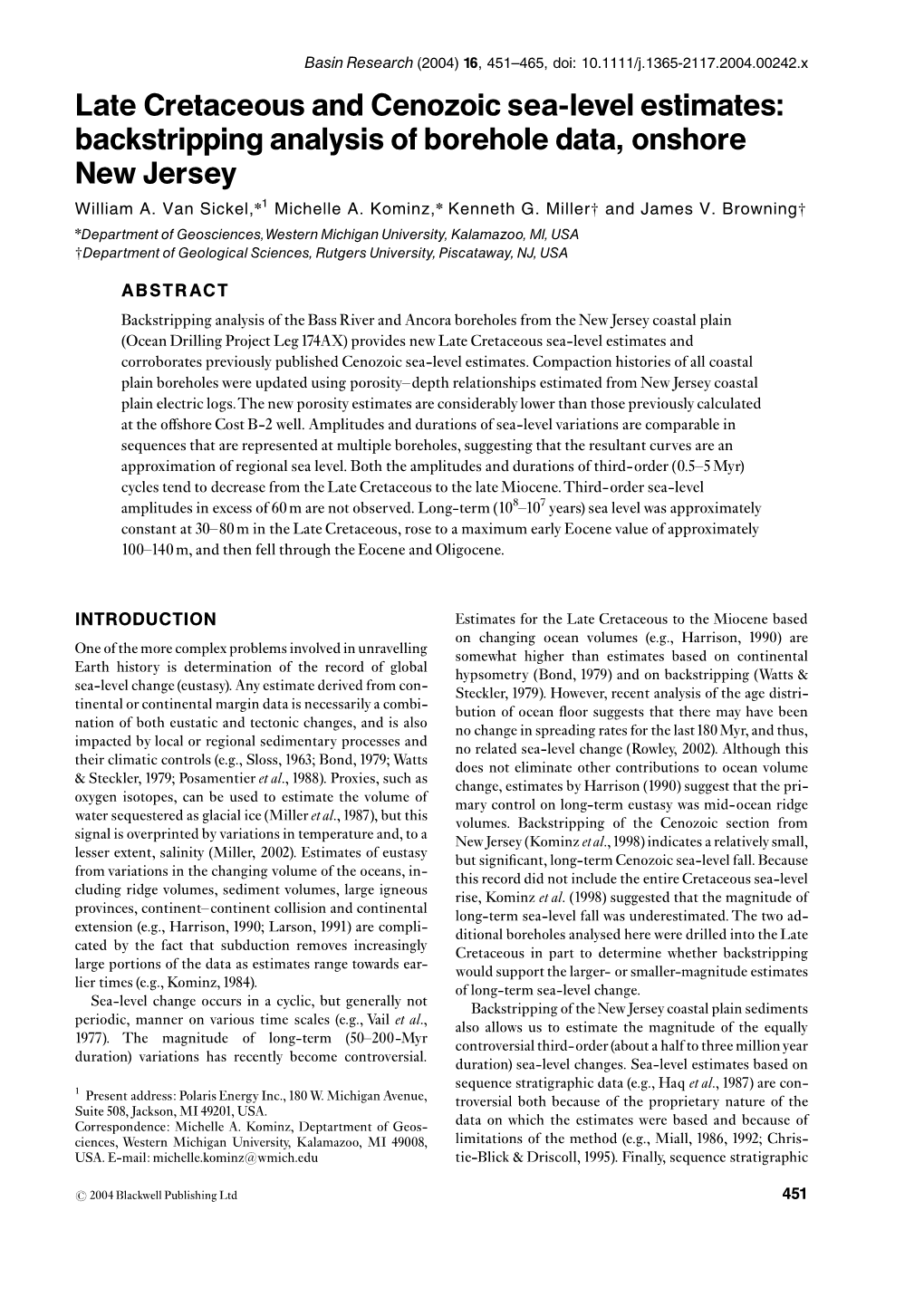 Late Cretaceous and Cenozoic Sea-Level Estimates: Backstripping Analysis of Borehole Data, Onshore New Jersey William A