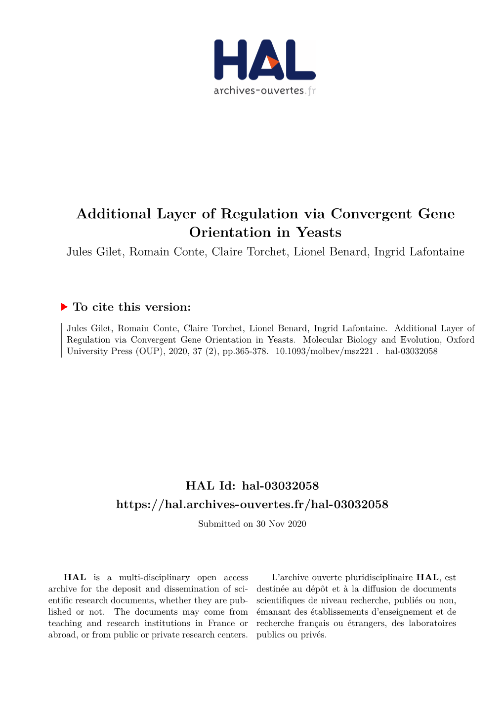 Additional Layer of Regulation Via Convergent Gene Orientation in Yeasts Jules Gilet, Romain Conte, Claire Torchet, Lionel Benard, Ingrid Lafontaine